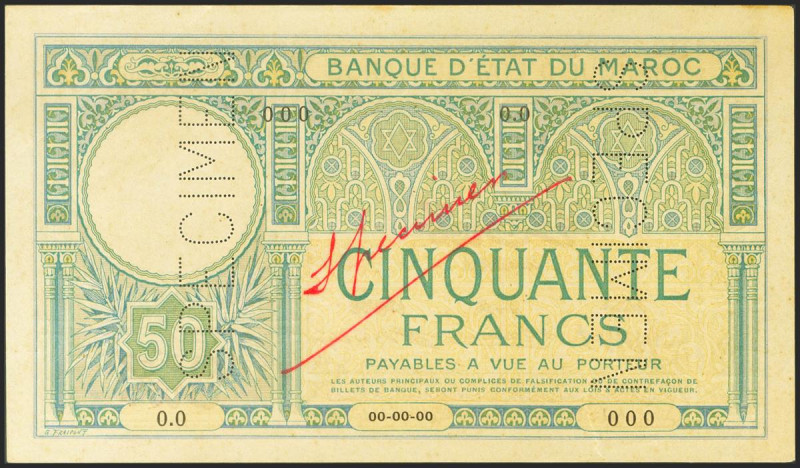 MOROCCO. 50 Francs. (1920ca). SPECIMEN, numbering 000000 and Specimen", manuscri...