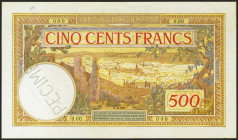 MOROCCO. 500 Francs. (1923ca). SPECIMEN and numbering 0000000. (Pick: 15s). Very rare, minors spots rust. Extremely Fine.