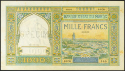 MOROCCO. 1000 Francs. (1929ca). SPECIMEN and numbering 00000000. (Pick: 16s). Spots rust margin and 2 mm cut margin. Extremely Fine.
