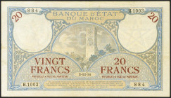 MOROCCO. 20 Francs. 2 December 1931. (Pick: 18a). Extremely rare, especially with the text: PAYABLES A VUE AU PORTEUR, spots rust and staples holes. V...