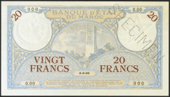 MOROCCO. 20 Francs. (1929ca). Specimen, numbering 000. (Pick: 18bs). Very rare, spots rust. Uncirculated--.