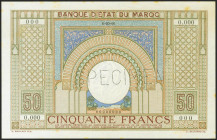 MOROCCO. 50 Francs. (1936ca). SPECIMEN and numbering 000. (Pick: 21s). Extremely rare, spots rust. About Uncirculated++.