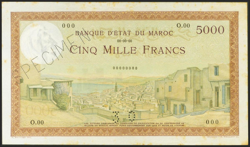 MOROCCO. 5000 Francs. (1938ca). SPECIMEN and numbering 00000000. (Pick: 23s). Sp...