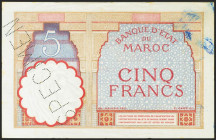 MOROCCO. 5 Francs. (1941ca). SPECIMEN and without numbering, serial and date. (Pick: 23Abs). Ink rust. About. Uncirculated++.