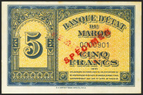 MOROCCO. 5 Francs. 1 August 1943. SPECIMEN. (Pick: 24s). Spots rust and staples holes. About Uncirculated+.