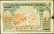 MOROCCO. 50 Francs. (1943ca). SPECIMEN and numbering 000. (Pick: 40s). Very rare, defects. Good.
