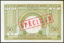 MOROCCO. 50 Francs. 2 December 1949. Rubber stamp SPECIMEN. (Pick: 44s). Spots rust. About Uncirculated+.