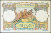 MOROCCO. 100 Francs. 10 November 1948. SPECIMEN and numbering 00000000. (Pick: 45s). Spots rust. About Uncirculated+.