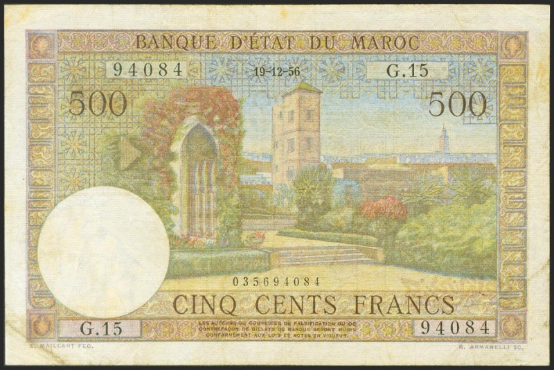 MOROCCO. 500 Francs. 19 December 1956. (Pick: 46). Fine.