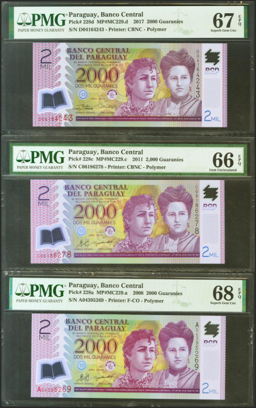 Set of 3 Paraguay banknotes of 2000 Guaraníes, issued in 2008, 2011 and 2017. (P...