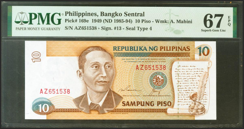 PHILIPPINES. 10 Piso. 1949. (Pick: 169e). PMG67EPQ.