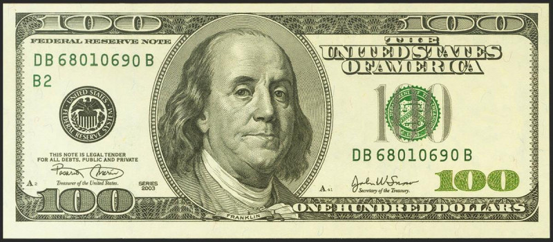 USA. 100 Dollars. Federal Reserve Note. Serial number DB-B. 2003. (Friedberg: 21...