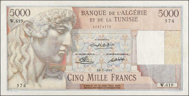 ALGERIA. Banque de l'Algerie et de la Tunisie. 5000 Francs, 1950. P-109a. Very Fine.
Pinholes.
Estimate: $75.00-$100.00