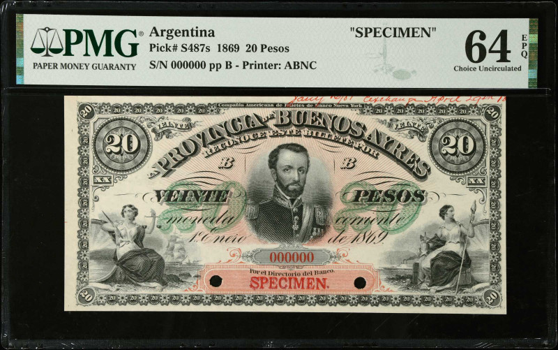 ARGENTINA. Banco de La Provincia De Buenos Aires. 20 Pesos, 1869. P-S487s. Speci...
