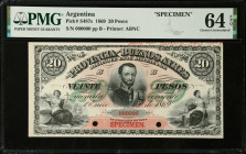 ARGENTINA. Banco de La Provincia De Buenos Aires. 20 Pesos, 1869. P-S487s. Specimen. PMG Choice Uncirculated 64 EPQ.
PMG comments "Printer's Annotati...