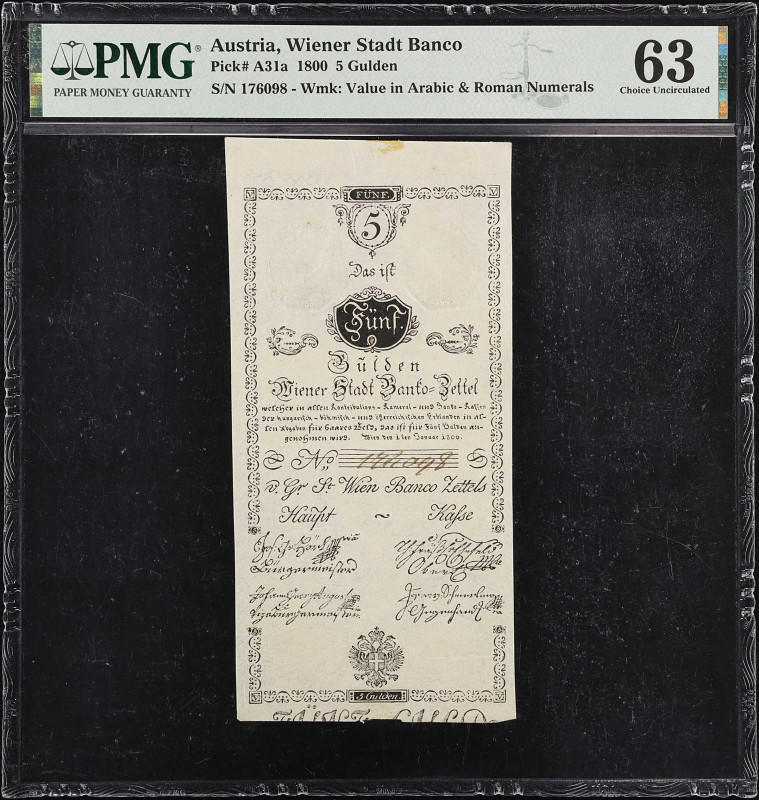 AUSTRIA. Wiener Stadt Banco. 5 Gulden, 1800. P-A31a. PMG Choice Uncirculated 63....