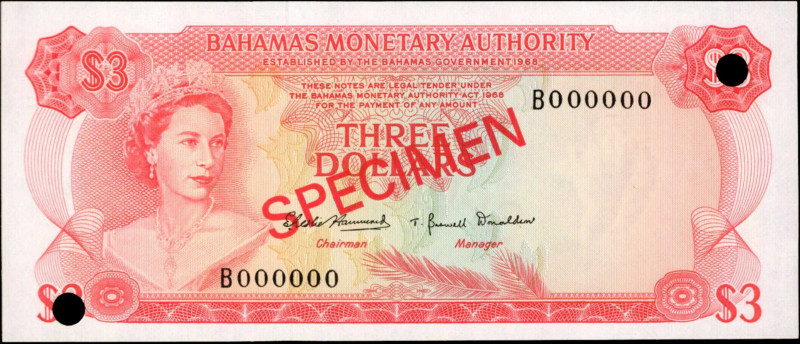 BAHAMAS. Bahamas Monetary Authority. 3 Dollars, 1968. P-28s. Specimen. Uncircula...