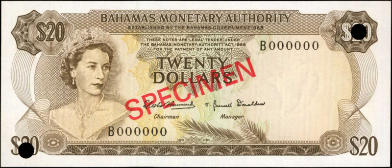 BAHAMAS. Bahamas Monetary Authority. 20 Dollars, 1968. P-31s. Specimen. Uncircul...