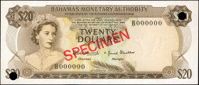 BAHAMAS. Bahamas Monetary Authority. 20 Dollars, 1968. P-31s. Specimen. Uncirculated.
A popular design type, offered here in Specimen form.
Estimate...
