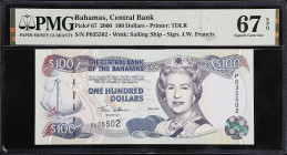BAHAMAS. Central Bank of the Bahamas. 100 Dollars, 2000. P-67. PMG Superb Gem Uncirculated 67 EPQ.
Estimate: $250.00-$350.00