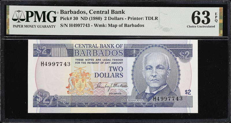 BARBADOS. Lot of (2). Central Bank of Barbados. 1 & 2 Dollars, ND (1973-80). P-2...