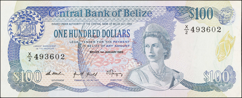 BELIZE. Central Bank of Belize. 100 Dollars, 1989. P-50b. Very Fine.
Estimate: ...