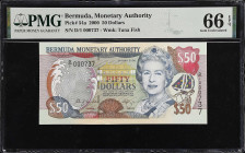 BERMUDA. Bermuda Monetary Authority. 50 Dollars, 2000. P-54a. PMG Gem Uncirculated 66 EPQ.
Estimate: $100.00-$200.00