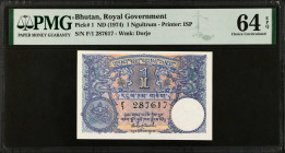 BHUTAN. Royal Government of Bhutan. 1 Ngultrum, ND (1974). P-1. PMG Choice Uncirculated 64 EPQ.
PMG comments "Staple Holes at Issue".
Estimate: $40....