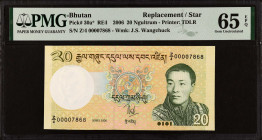 BHUTAN. Royal Monetary Authority of Bhutan. 20 Ngultrum, 2006. P-30a*. Replacement. PMG Gem Uncirculated 65 EPQ.
Estimate: $40.00-$60.00