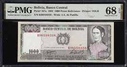 BOLIVIA. Banco Central de Bolivia. 1000 Pesos Bolivianos, 1982. P-167a. PMG Superb Gem Uncirculated 68 EPQ.
Estimate: $30.00-$50.00