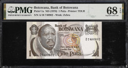 BOTSWANA. Bank of Botswana. 1 Pula, ND (1976). P-1a. PMG Superb Gem Uncirculated 68 EPQ.
Estimate: $30.00-$50.00