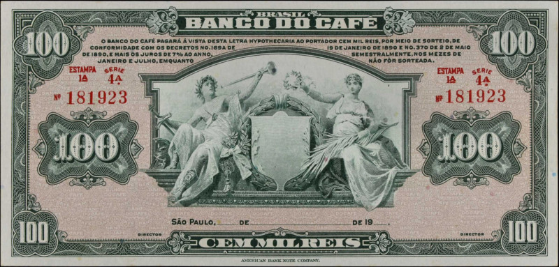 BRAZIL. Banco do Cafe. 100 Mil Reis, 1890. P-S541r. Remainder. About Uncirculate...