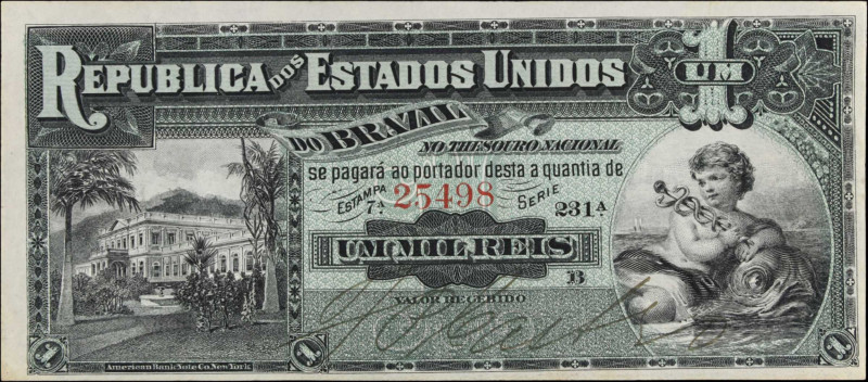 BRAZIL. Thesouro Nacional. 1 Mil Reis, ND (1891). P-3c. Extremely Fine.
Toning....