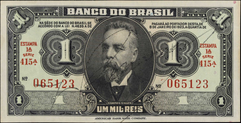 BRAZIL. Banco do Brasil. 1 Mil Reis, 1923. P-110Ba(1). Extremely Fine.
Estimate...