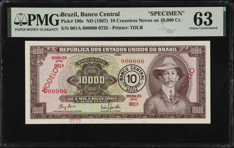 BRAZIL. Banco Central do Brasil. 10 Cruzeiros Novos, ND (1967). P-190s. Specimen...