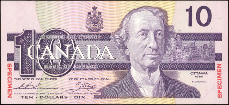 CANADA. Bank of Canada. 10 Dollars, 1989. P-96s. Specimen. Uncirculated.
Red sp...