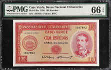 CAPE VERDE. Banco Nacional Ultramarino. 100 Escudos, 1958. P-49a. PMG Gem Uncirculated 66 EPQ.
Estimate: $100.00-$200.00