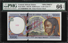 CENTRAL AFRICAN STATES. Banque Des Etats De L'Afrique Centrale. 10000 Francs, 1994-99. P-305Fs. Specimen. PMG Gem Uncirculated 66 EPQ.
Estimate: $200...