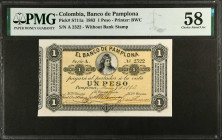COLOMBIA. El Banco de Pamplona. 1 Peso, 1883. P-S711a. PMG Choice About Uncirculated 58.
Estimate: $150.00-$200.00