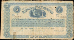 COLOMBIA. Banco de Santander. 5 Pesos, 1873. P-S832b. Fine.
Perforations, repairs, staining, tears and edge wear are noticed.
From the Ricardo Colle...