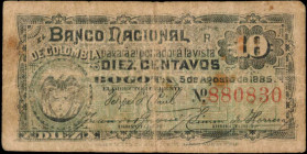 COLOMBIA. Banco Nacional de Colombia. 10 Centavos, 1885. P-181. Fine.
Staining is noticed on this 10 Centavos note.
From the Ricardo Collection.
Es...