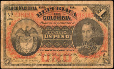 COLOMBIA. Republica de Colombia. 1 Peso, 1895. P-234. Fine.
Mostly just honest circulation to report on this 1 Peso note. Edge wear is noticed.
From...