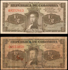 COLOMBIA. Lot of (2). Republica de Colombia. 1/2 Peso Oro, 1948-53. P-345a & 345b. Fine & About Uncirculated.
A duo of 1/2 Oro notes. P-345a is in Ab...