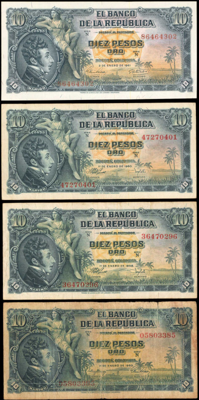 COLOMBIA. Lot of (4). Banco de la Republica. 10 Pesos Oro, 1953-61. P-400a, 400b...