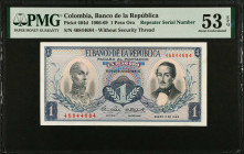 COLOMBIA. Banco de la Republica. 1 Peso Oro, 1966-69. P-404d. Repeater Serial Number. PMG About Uncirculated 53 EPQ.
Estimate: $75.00-$150.00