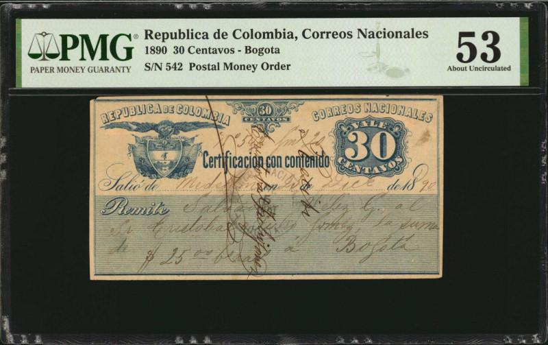 COLOMBIA. Republica de Colombia Correos Nacionales. 30 Centavos, 1890. P-Unliste...