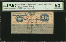 COLOMBIA. Republica de Colombia Correos Nacionales. 30 Centavos, 1890. P-Unlisted. PMG About Uncirculated 53.
Bogota. Postal Money Order. PMG comment...