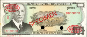 COSTA RICA. Banco Central de Costa Rica. 100 Colones, 1969-77. P-240s. Specimen. About Uncirculated.
Dual punch cancellations with specimen overprint...