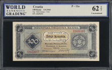 CROATIA. Hrvatska Drzavna Banka. 100 Kuna, 1943. P-11a. WBG Uncirculated 62 TOP.
Estimate: $100.00-$150.00