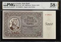 CROATIA. Hrvatska Drzavna Banka. 5000 Kuna, 1943. P-14a. PMG Choice About Uncirculated 58 EPQ.
Estimate: $75.00-$100.00
